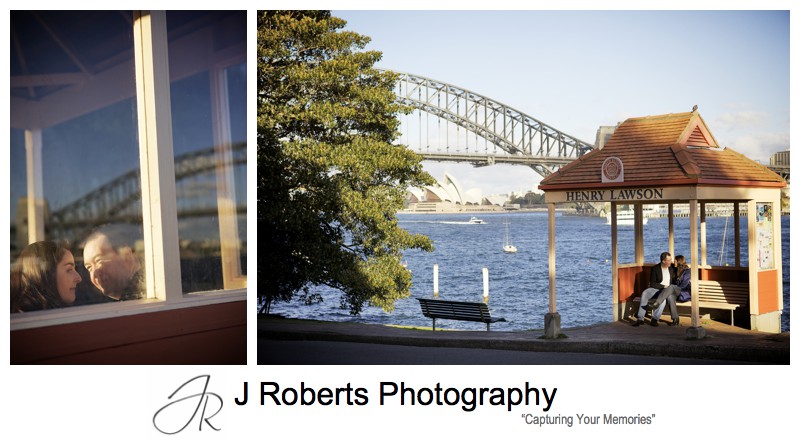 Couple sitting in the bus shelter at Blues Point - pre wedding photography sydney